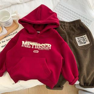 儿童2025冬季新款加绒加厚卫衣宝宝红色套头连帽衫男女童一体绒潮