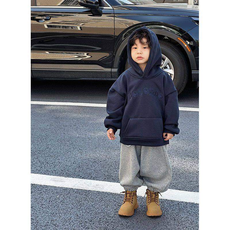 男童加绒连帽卫衣宝宝帅气秋冬装上衣儿童加厚保暖时尚洋气套头衫