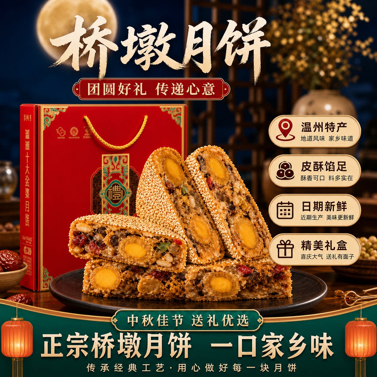 橋墩大月饼温州特产传统酥皮蛋黄鲜肉手工糕点中秋礼盒伴手礼批发