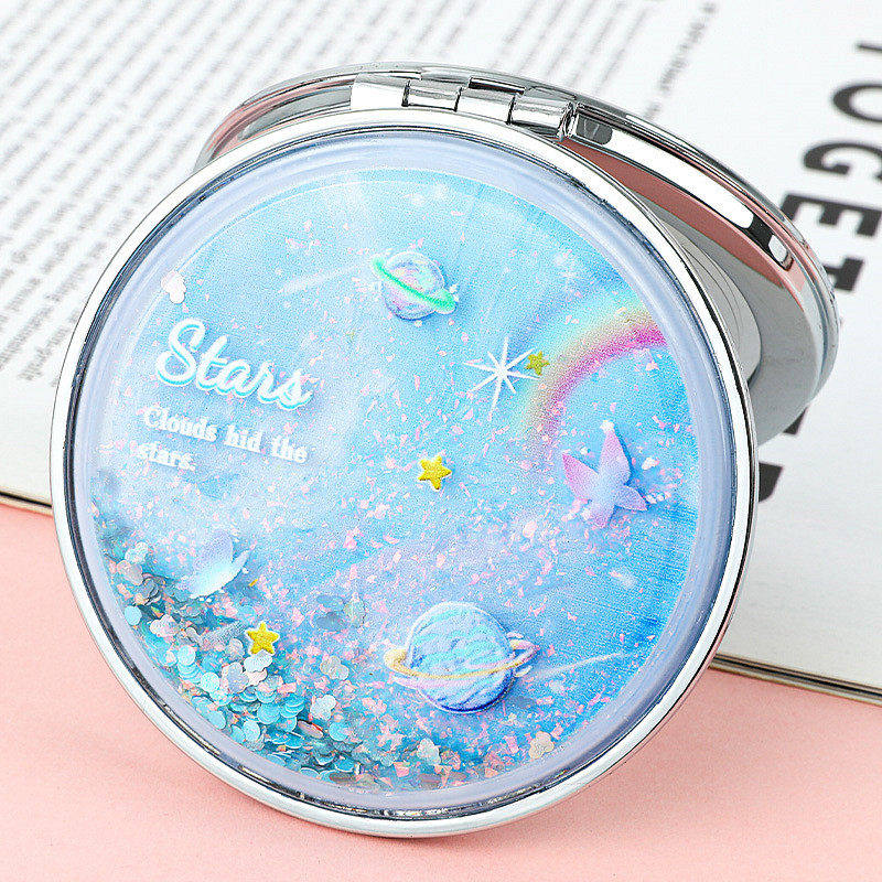 油画星空折叠双面流沙镜可爱学生便携卡通化妆镜手持少女心小镜子
