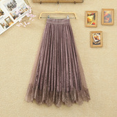 蕾丝网纱半身裙女春秋高腰显瘦中长款 金丝绒纱裙百褶丝绒裙子冬裙