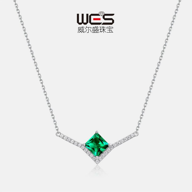 复古公主方培育祖母绿项链女S925银镶培育彩宝锁骨链欧美