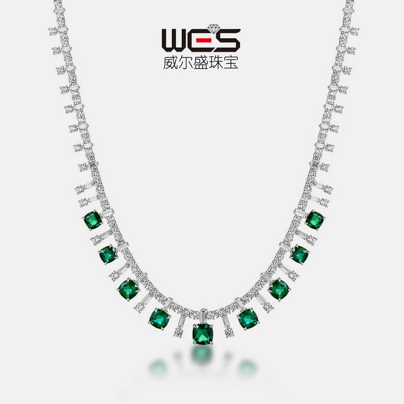 新款大气轻奢培育彩宝项链S925银满嵌培育祖母绿锁骨链欧美
