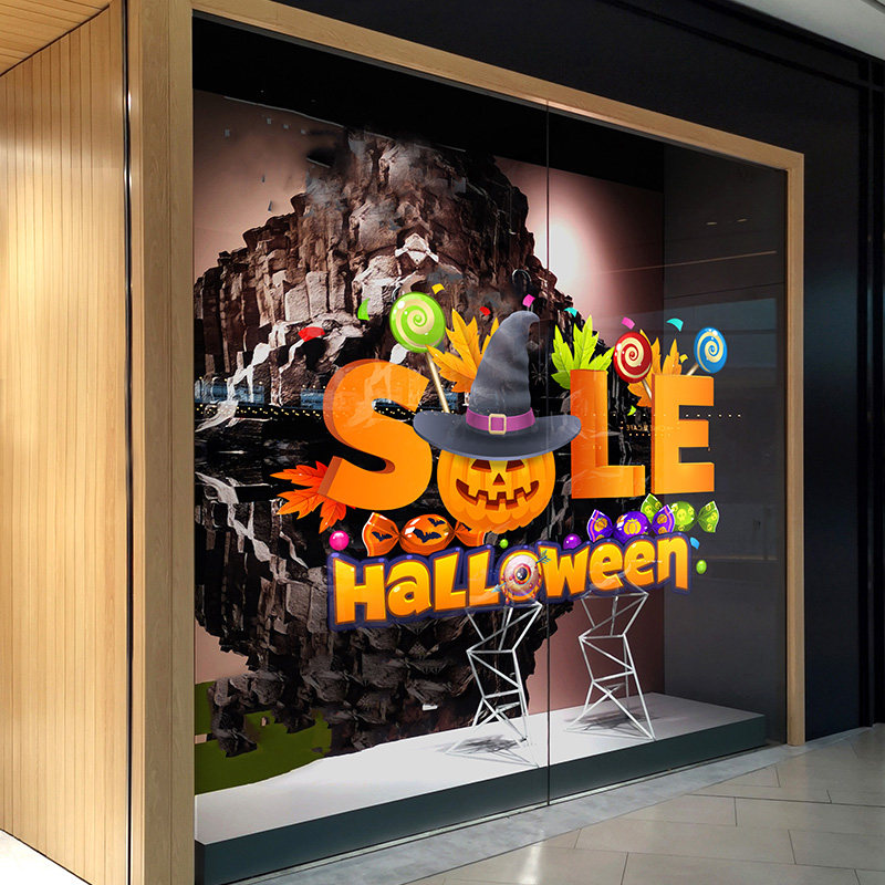 万圣节男装店橱窗广告贴画透明静电halloween海报sale标签换季贴