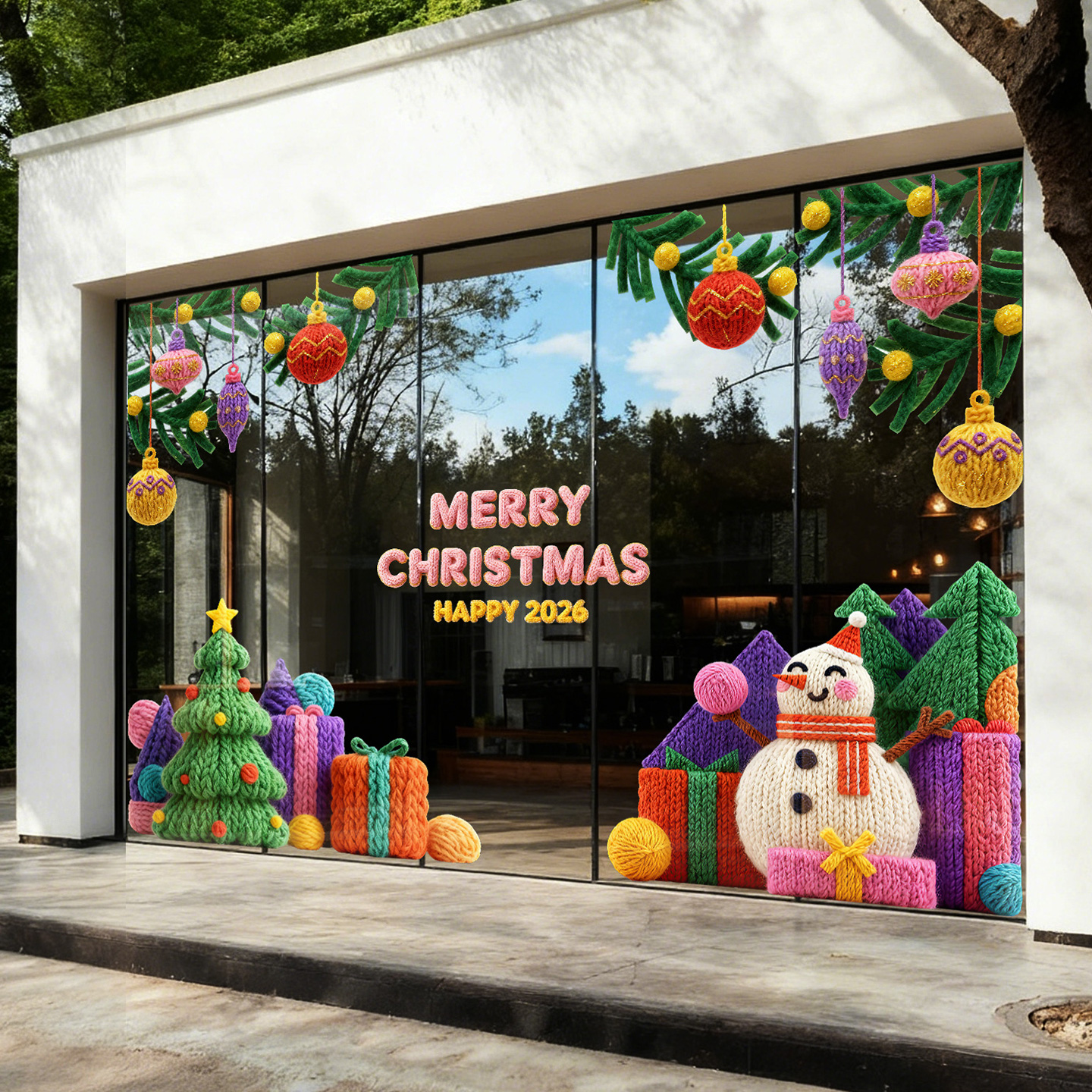 圣诞毛线风橱窗玻璃静电玻璃贴纸