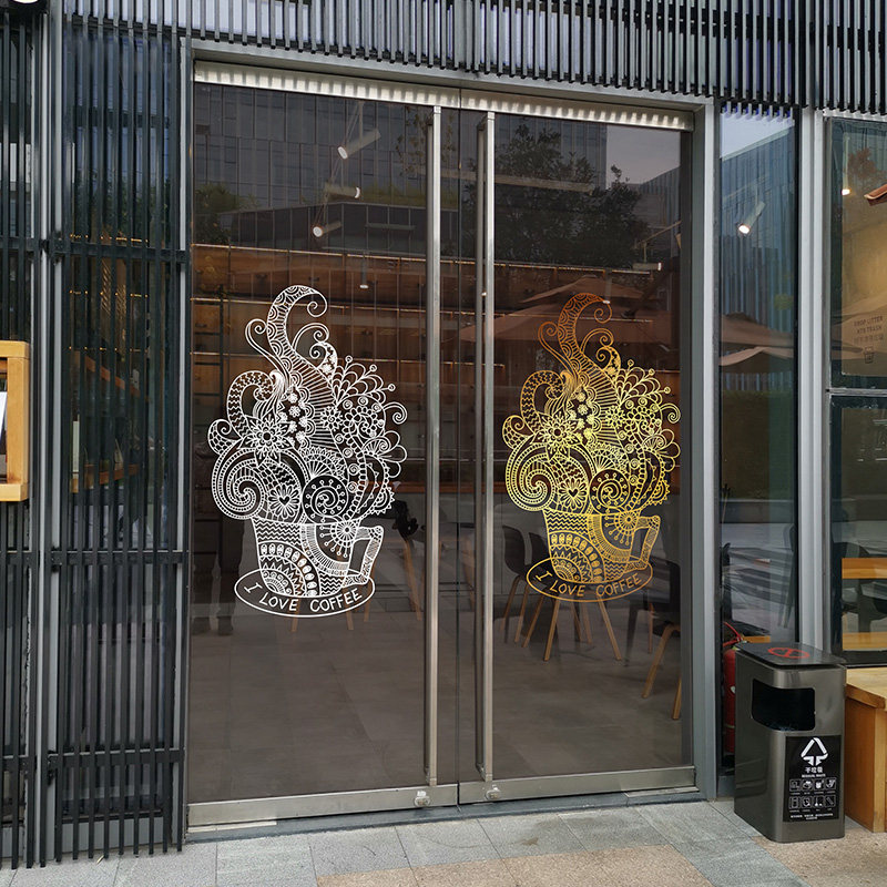 咖啡涂鸦艺术玻璃门贴咖啡店创意手绘线条咖啡杯西餐厅玻璃大门贴