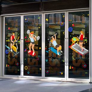 健美中心玻璃门装 饰广告贴画酒店健身会所推拉门美化GYM静电海报