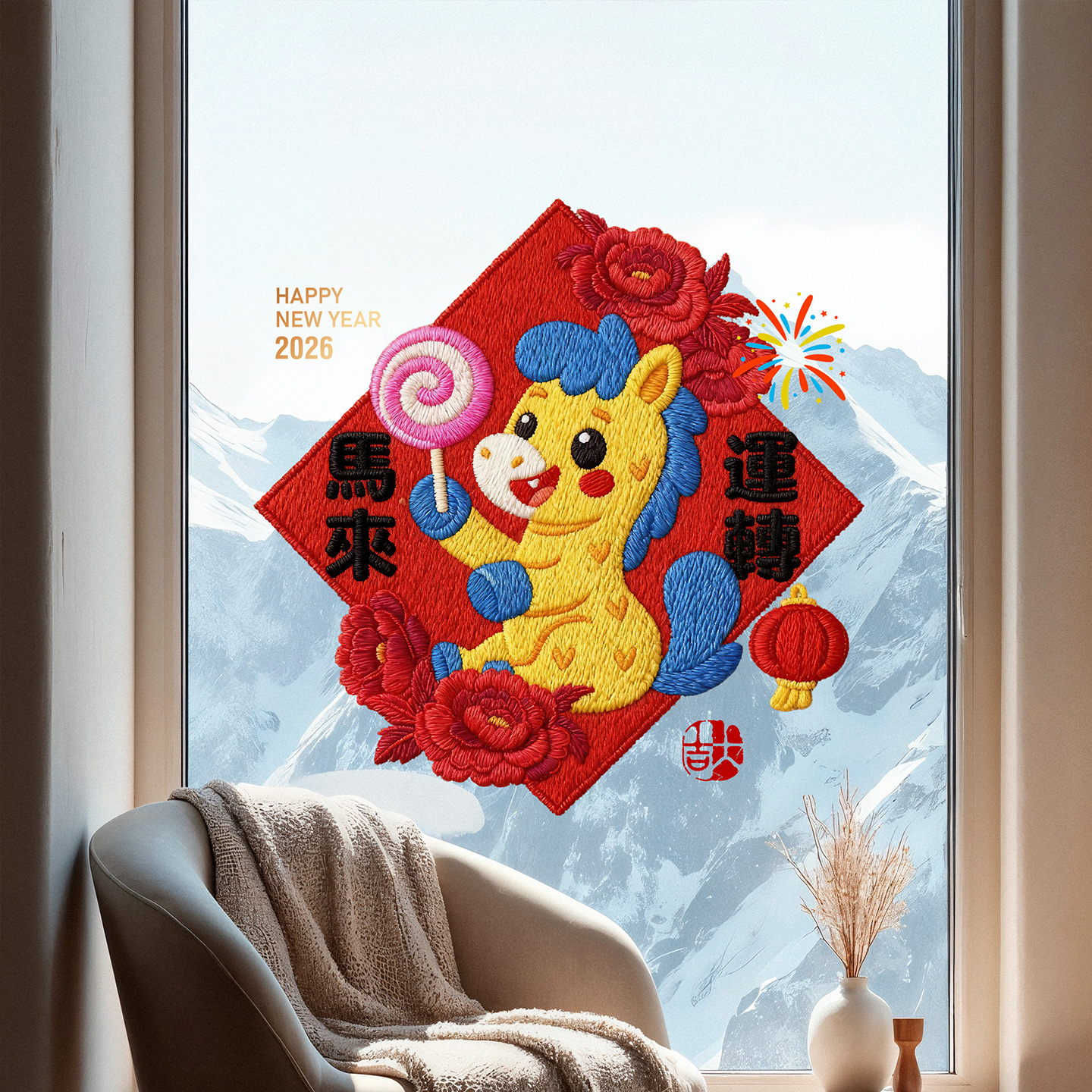 马年福字刺绣窗花静电玻璃贴