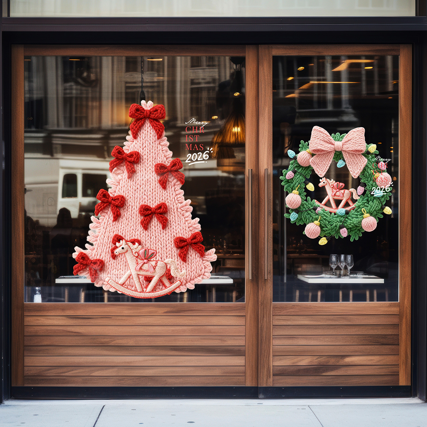 毛线风格马年圣诞节玻璃窗花