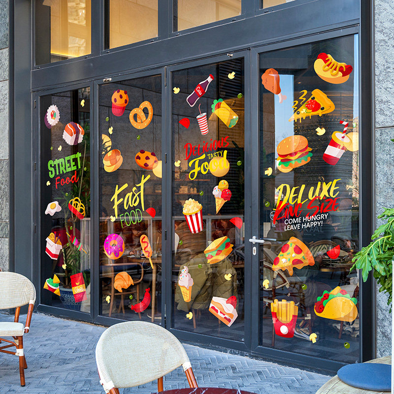 时尚快餐店玻璃门套装饰布置汉堡竖条热狗披萨超大静电贴膜整张贴