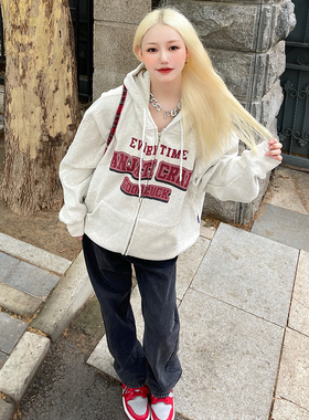 HLYSTORE 美式logo拉链连帽卫衣情侣款帽衫加绒外套Sanjati crane