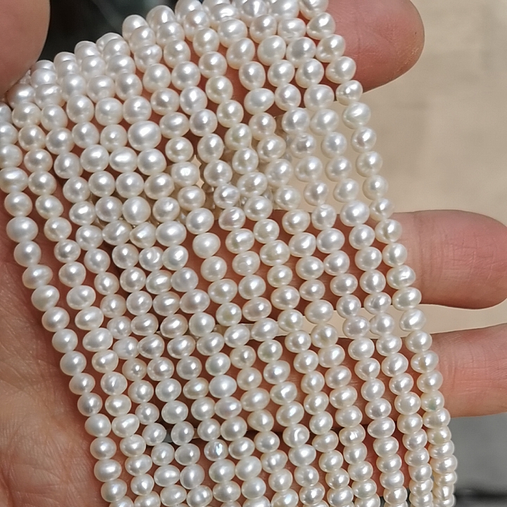 3-4mm冲头鸡蛋圆天然淡水珍珠散珠项链半成品一条 35公分长