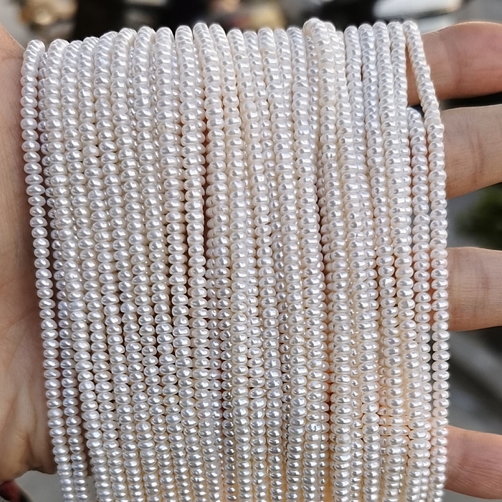 3-4mm扁珠高货品质天然淡水珍珠散珠项链半成品一条 特价处理
