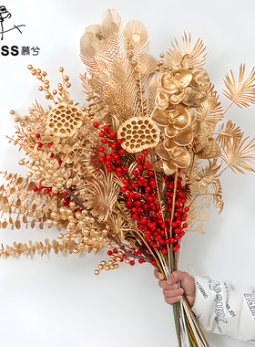 新年喜庆冬青金叶红果福桶插花仿真花年宵材料假花家居摆件装饰