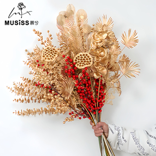 新年喜庆冬青金叶红果福桶插花仿真花年宵材料假花家居摆件装饰