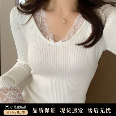 白色蕾丝针织打底衫女内搭修身
