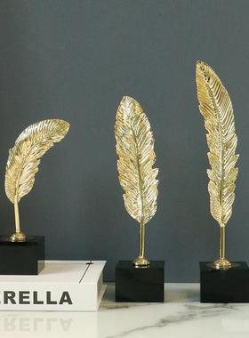中式轻奢合金水晶羽毛装饰摆艺件创意金色家居客厅装饰金属工品厂