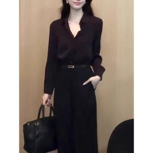 ROUMIKL韩版时尚暗紫色翻领长袖衬衫女2025年秋季新款气质职业通