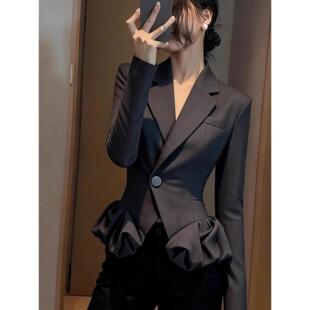 ROUMIKL老钱风黑色短款西装外套女早秋季新款时尚洋气时髦掐腰显