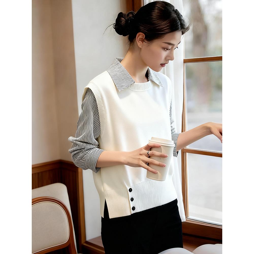 ROUMIKL优雅风假两件衬衫领拼接针织衫长袖女秋季新款今年流行漂