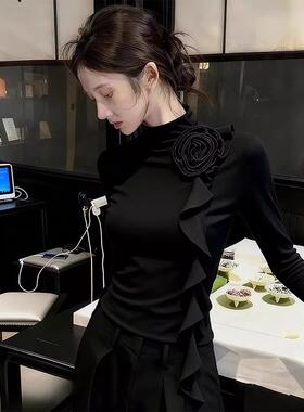 ROUMIKL法式黑色立体花朵荷叶边飘带T恤长袖女秋季新款设计感内搭