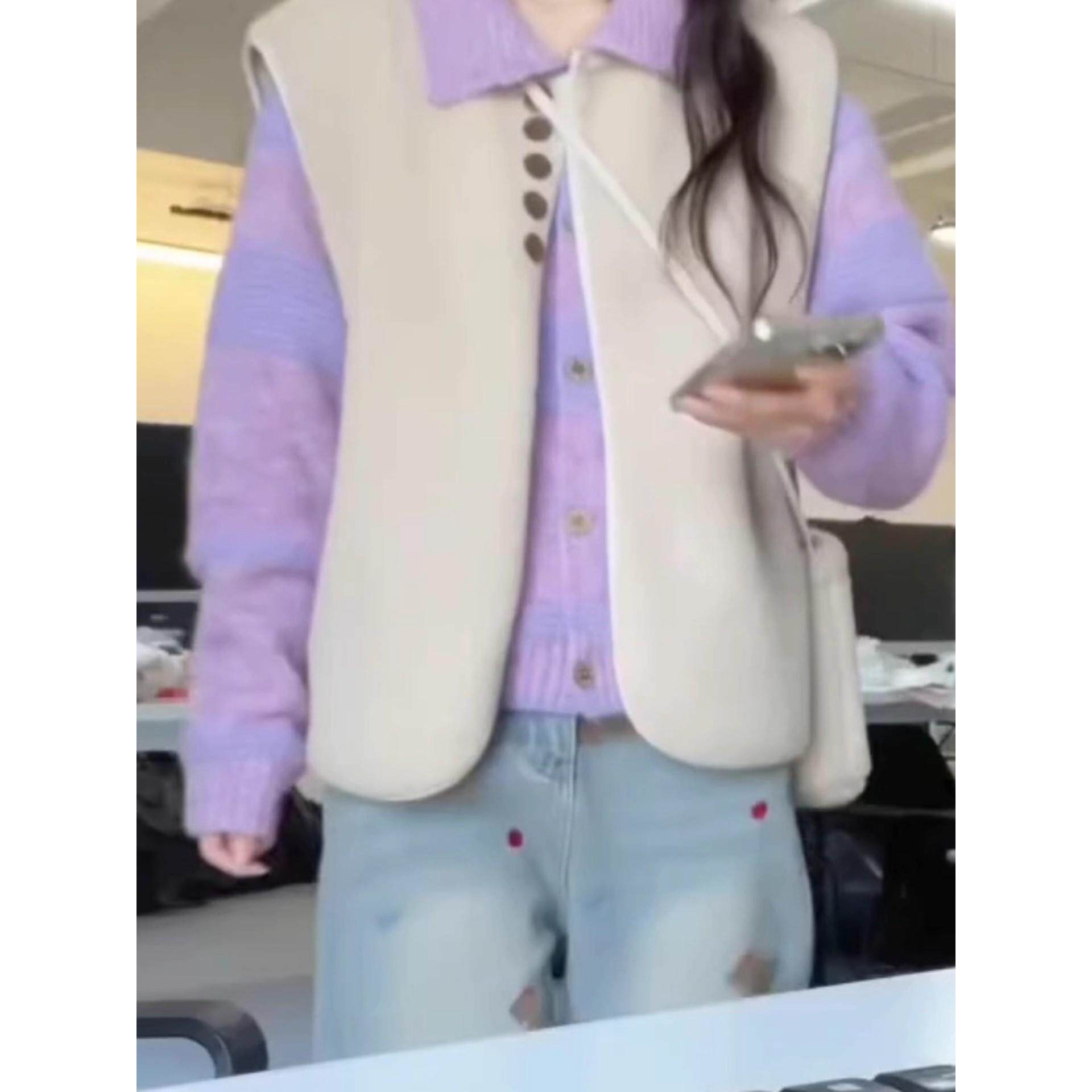 ROUMIKL慵懒风紫色翻领针织开衫女早秋季新款奶fufu软糯温柔甜美