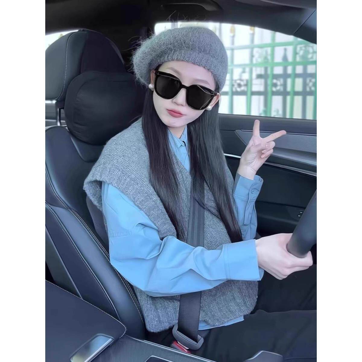 ROUMIKL灰色V领针织马甲衬衫长袖两件套女早秋季高级感超好看叠穿