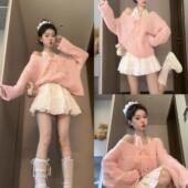 打底挂脖背心露肩毛衣短裙三件套 2025新款 韩系粉色温柔套装 女秋季