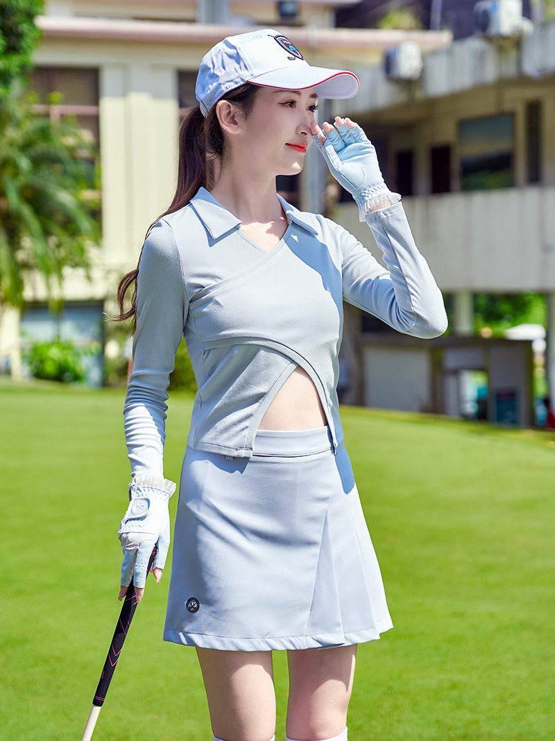 TTYGJ韩版高尔夫球服女装秋 时尚显瘦气质不规则交叉修身长袖上衣