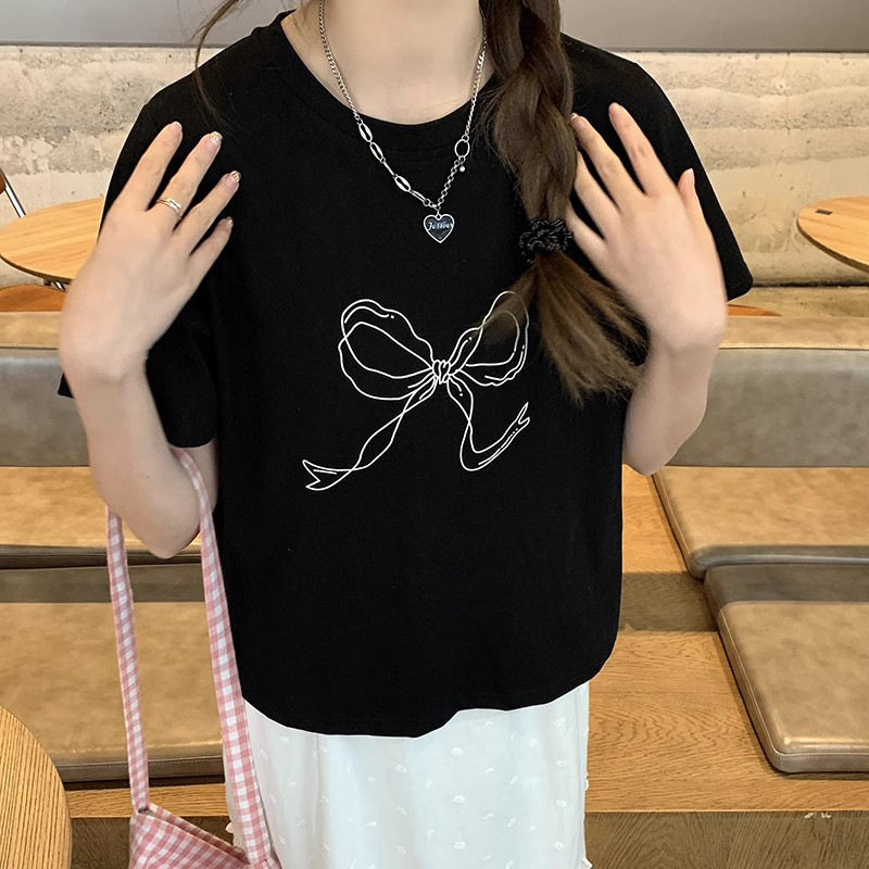 夏季微胖mm200斤大码女装宽松版简约蝴蝶结印花短袖T恤女8279