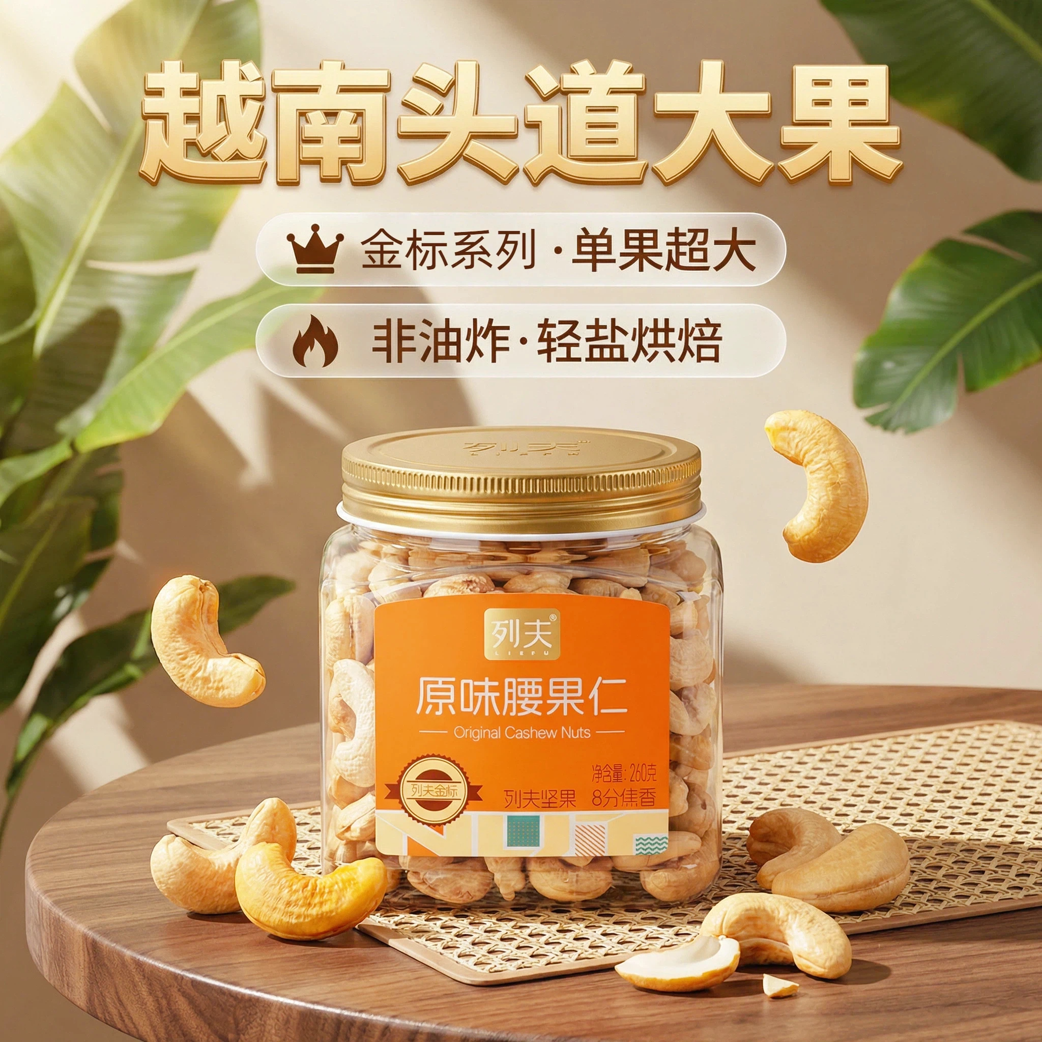 列夫坚果原香腰果仁越南大腰果仁低温慢烘无添加孕妇食品罐装260g