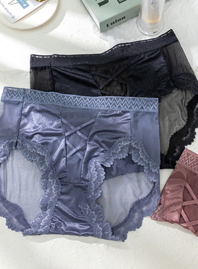 大码内裤女胖妹妹200斤蕾丝性感中腰网纱透明薄款透气无痕三角裤