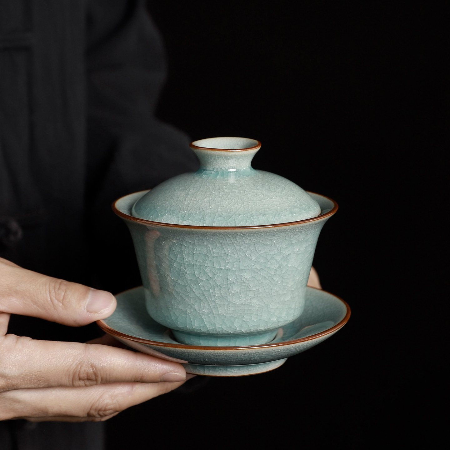 汝窑冰裂悬停三才盖碗茶杯家用高档功夫茶具小套装冰花开片泡茶杯