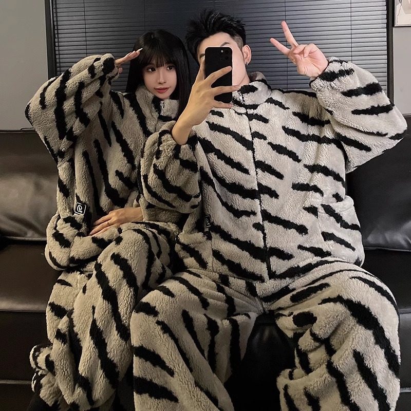 情侣拉链立领睡衣女珊瑚绒秋冬季