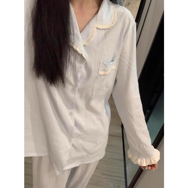 高级感睡衣女春秋季云朵棉长袖甜美蓝色花边学生家居服套装可外穿