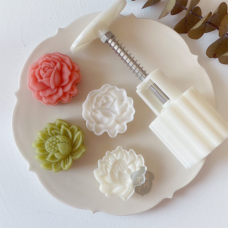 中秋传统玫瑰荷花广式流心月饼模具 冰皮家用手压不沾绿豆糕工具