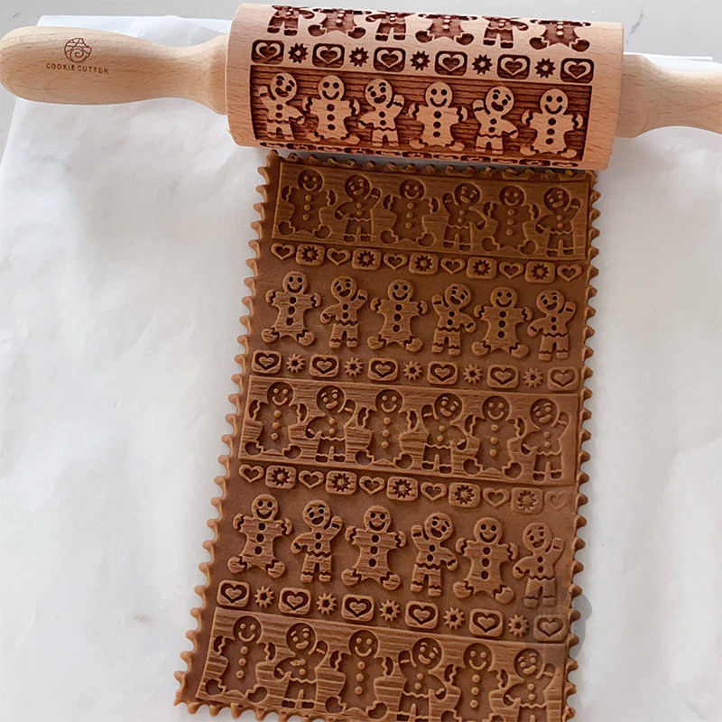 橡树果子日式卡通姜饼人擀面杖圣诞节立体饼干模馒头饼皮滚轮工具