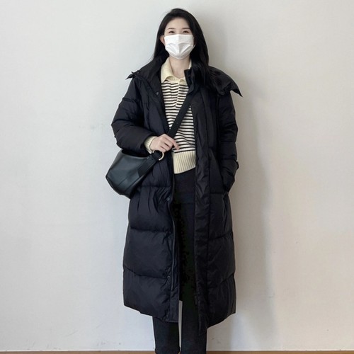 90白鸭绒百搭黑色长款羽绒服