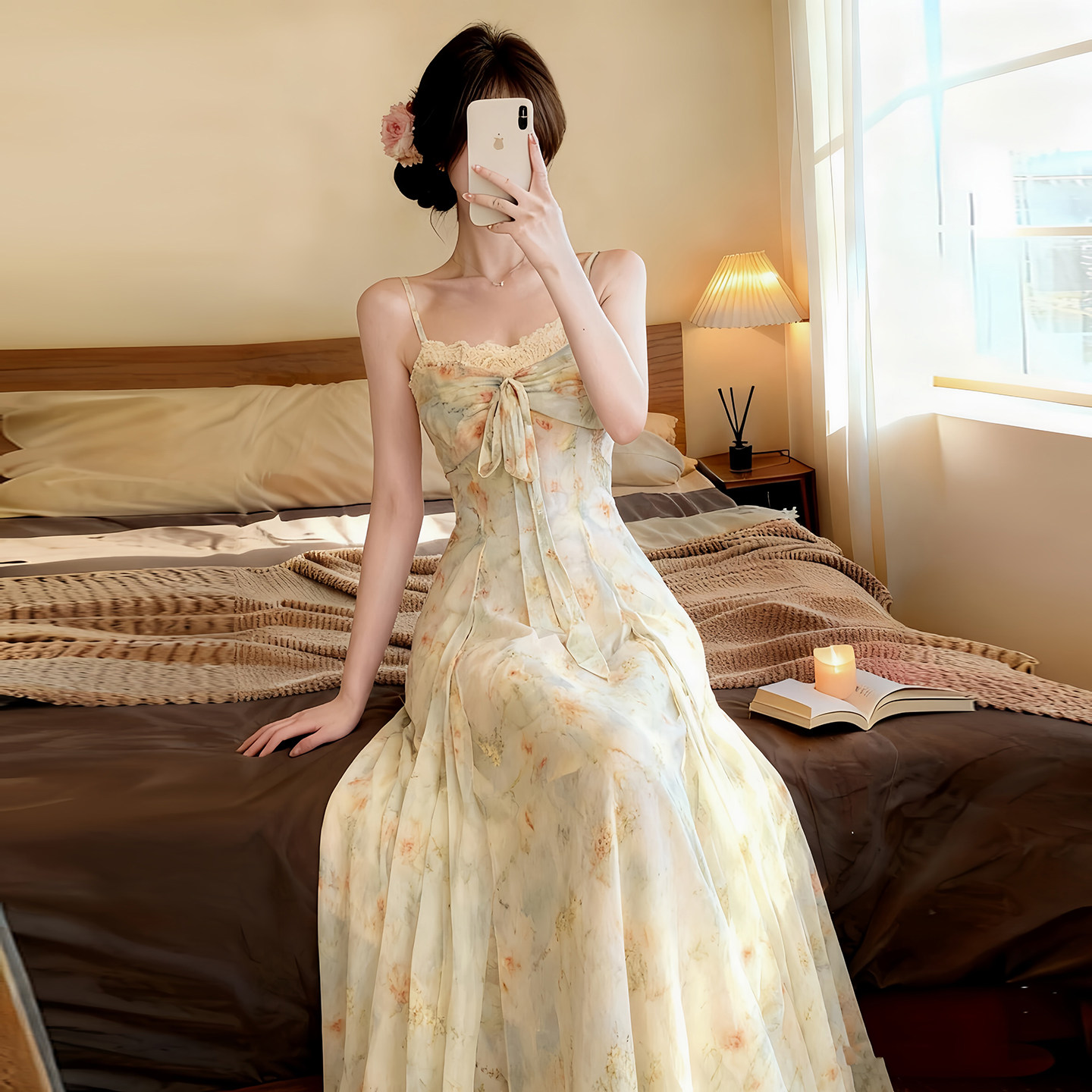 【元气出逃】氛围感清新碎花收腰连衣裙女春夏季新款蝴蝶结吊带裙