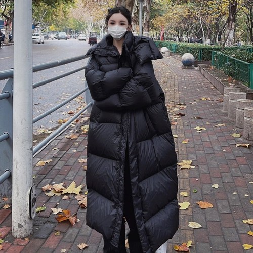 黑色长款90白鸭绒羽绒服外套
