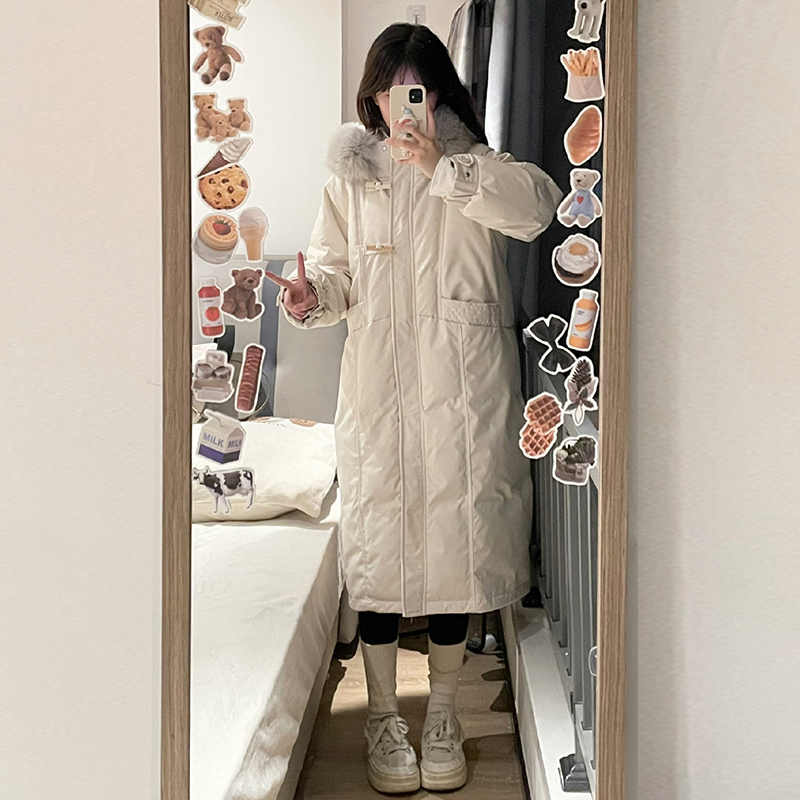 奶白加厚羽绒棉服女长款外套