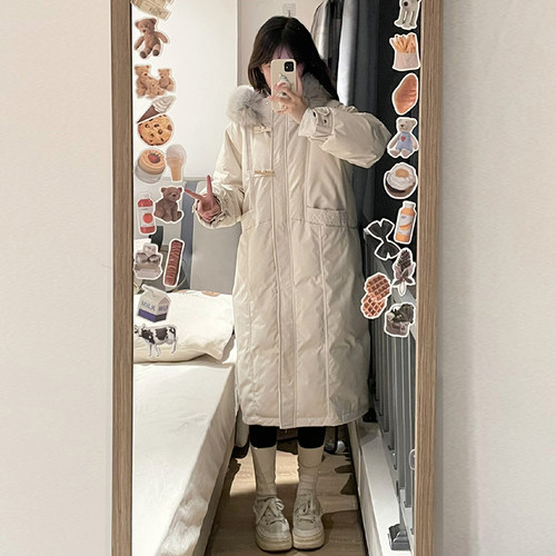 奶白加厚羽绒棉服女长款外套