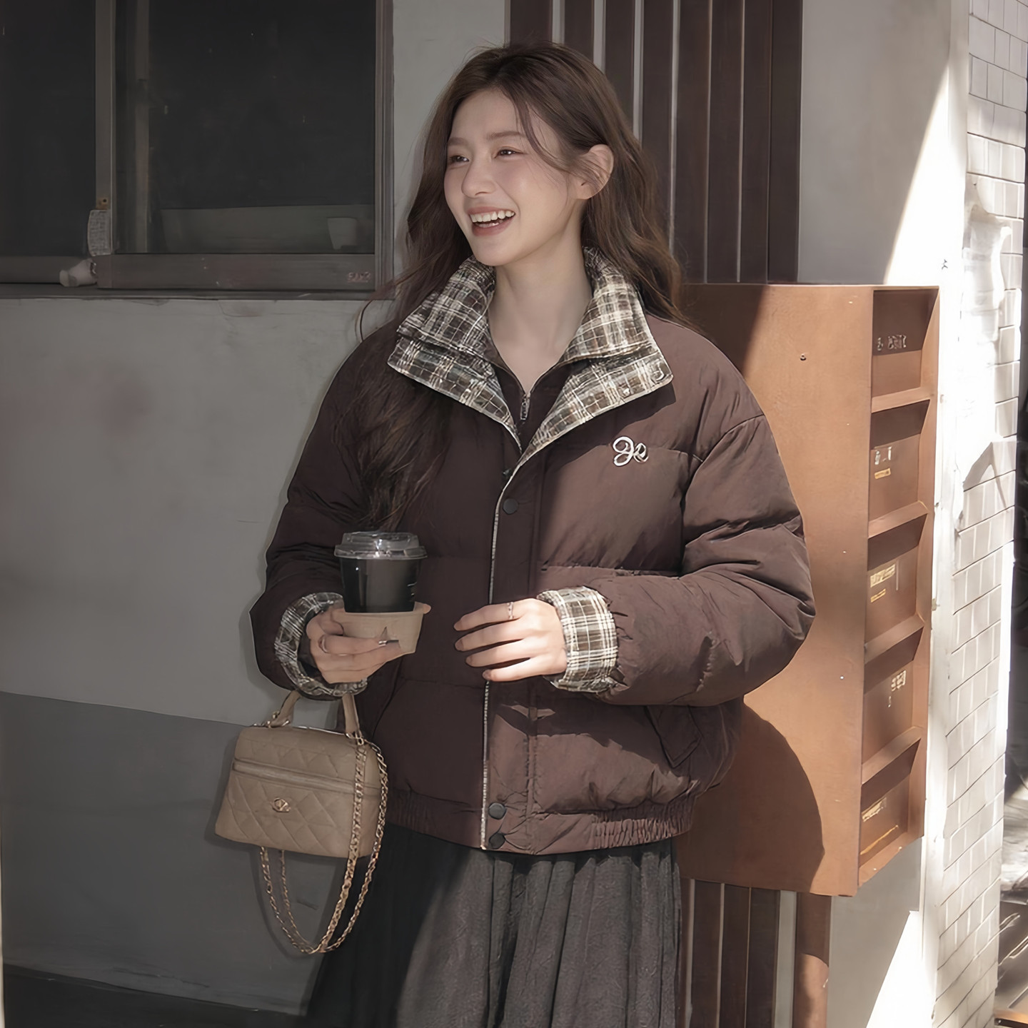 美拉德假两件格子拼接羽绒棉服女秋冬季法式宽松韩版显瘦短款外套