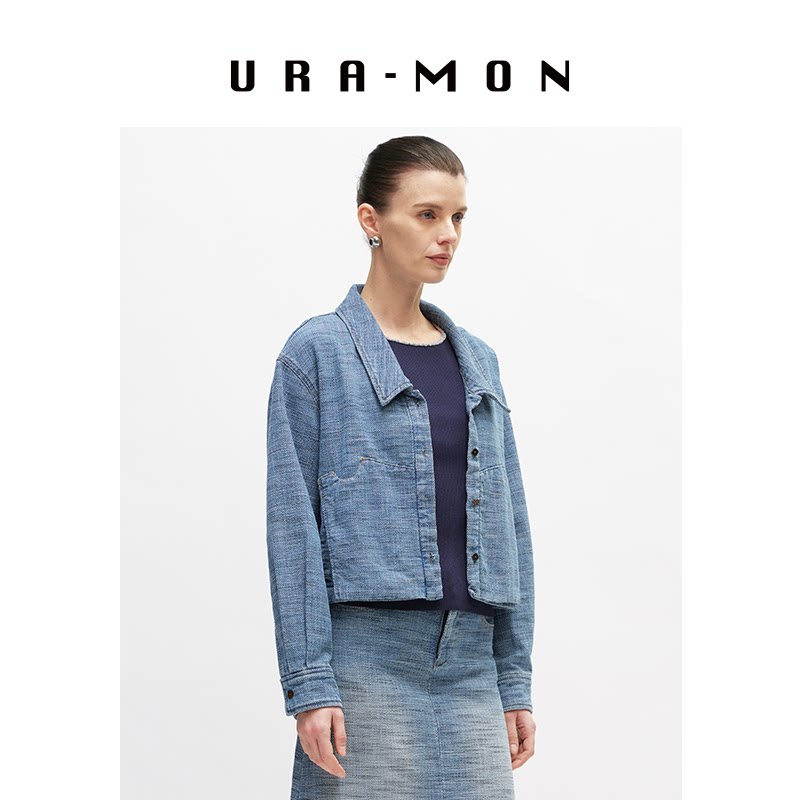 URA-MON｜牛仔肌理短款外套翻领女款水洗丹宁早春新款正肩夹克