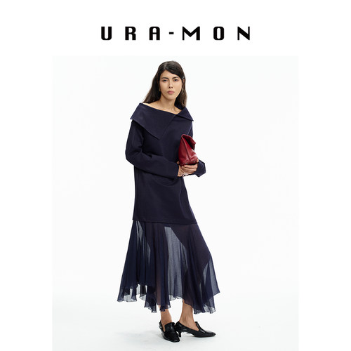 URA-MON花边细闪镂空卫衣连衣裙
