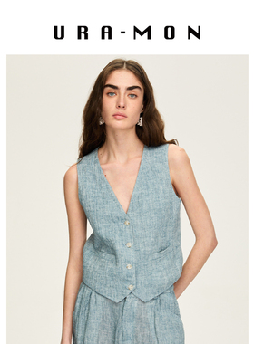 URA-MON｜老钱风设计感亚麻褶皱马甲上衣V领背心无袖马夹时髦显瘦