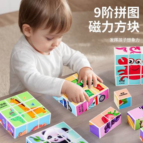 磁力方块拼图早教益智动物积木卡通六面画立体霸王龙拼图玩具塑胶