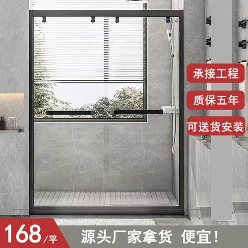 玻璃隔断墙淋浴房 隔断干湿分离一字型双移门不锈钢浴室洗澡间