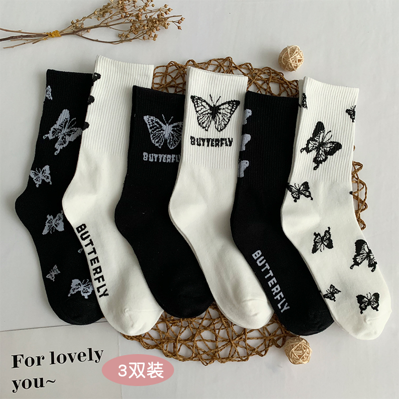 日系复古少女堆堆袜四季网红蝴蝶印花中筒袜学院风暗系美腿袜子女