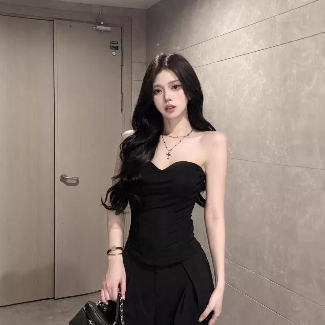 性感黑色鱼骨抹胸上衣女夏季爆款立体设计感外穿修身显瘦裹胸背心